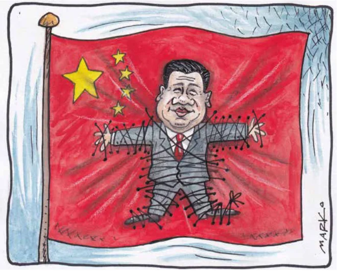 Kitajska zastava z grbom. KARIKATURA: Marko Kočevar