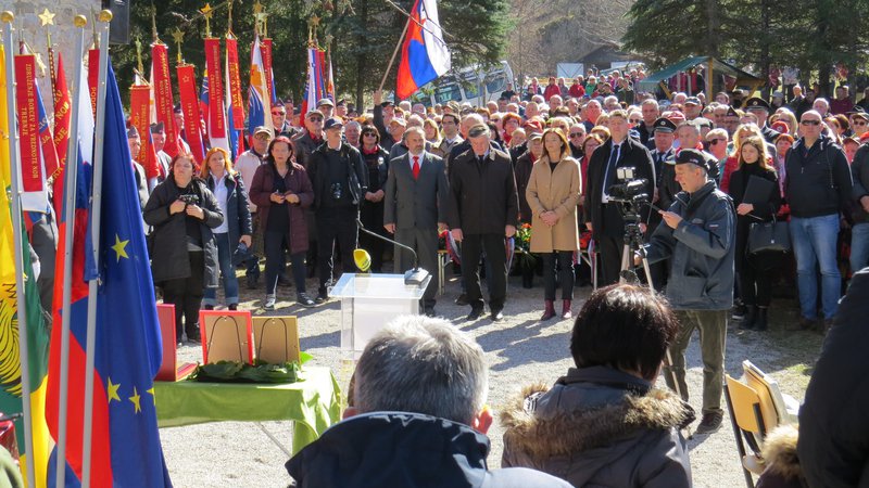 Fotografija: Velika množica se je danes na Javorovici poklonila padlim borkam in borcem 4. Cankarjevega bataljona. FOTO: Bojan Rajšek/Delo
