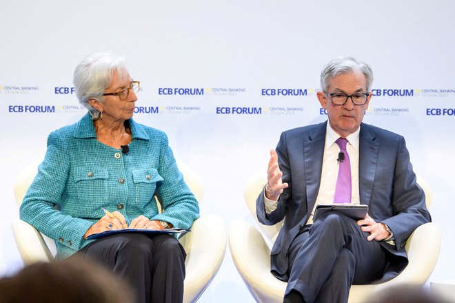 Vodtelja ECB Christine Lagarde in Fed Jerome Powell. Foto European Central Bank Via Reuters
