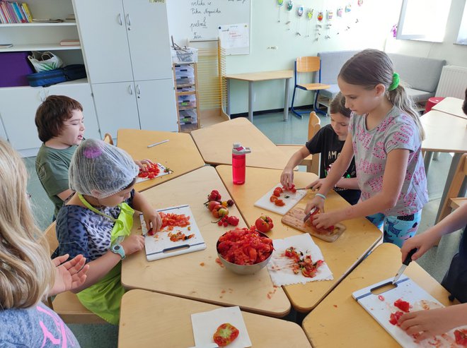 V šoli večkrat kuhajo. Vsak učenec si za rojstni dan lahko izbere jed, nato jo skupaj s sošolci pripravijo. Gospodinjstvo v praksi. FOTO: osebni arhiv
