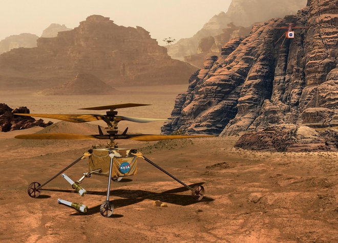 Ilustracija idejnih projektov: v ospredju vozeči helikopter za pobiranje vzorcev, desno zgoraj je ilustracija Ingenuityja, bolj oddaljen pa je heksakopter. Foto Nasa/JPL-Caltech
