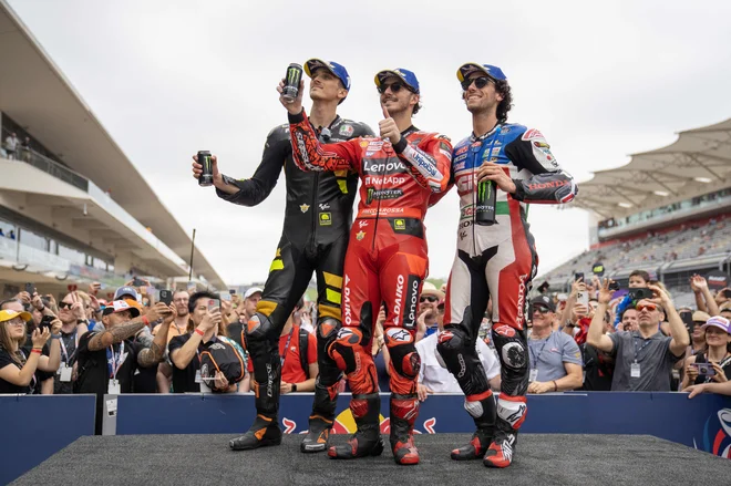 Najboljša trojica kvalifikacij za sprintersko preizkušnjo in klasično za VN Amerik Francesco Bagnaia (1), Alex Rins (42) in Luca Marini. FOTO: Dustin Safranek/Usa Today Sports/Reuters