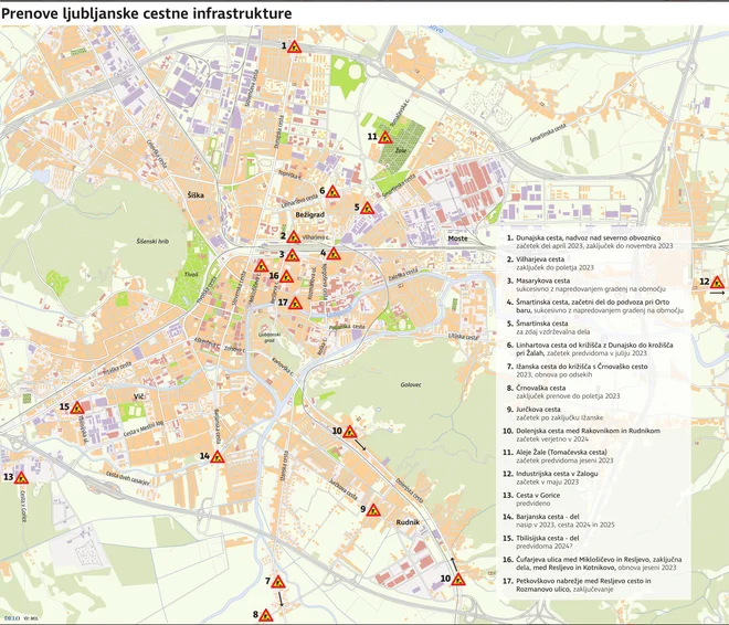 Prenova ljubljanske cestne infrastrukture. ZEMLJEVID: Infografika Delo