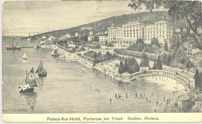 Na tej sliki je bolj ali manj jasno, kako so pred več kot 100 leti zastavili ponudbo kraja. Pred hotelom je bil park, teniška igrišča, kopališče in privezi za čolničke. Foto Zavod Mediteranum