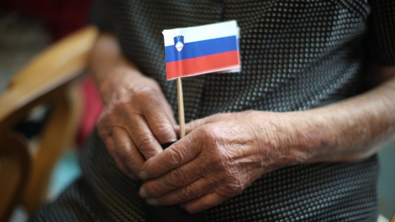 Fotografija: Gospod iz doma starejših občanov Fužine s slovensko zastavo v rokah. FOTO: Jure Eržen/Delo