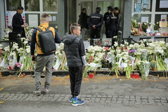 Pred protestom pred Osnovno šolo Vladislava Ribnikarja v Beogradu. FOTO: Jože Suhadolnik/Delo