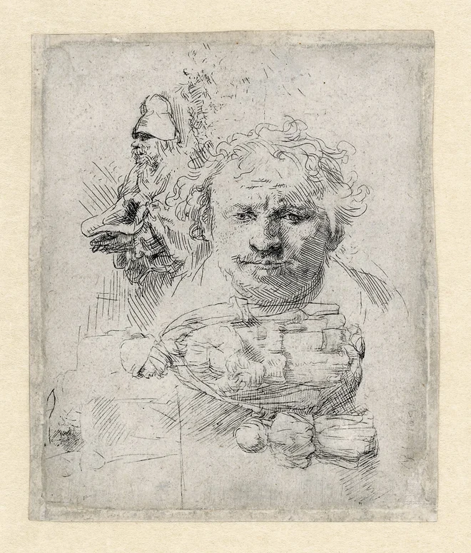 List s študijami: avtoportret, berač in ženska z otrokom ter ženska z otrokom, ok. 1648, jedkanica in dleto za bakrorez, Muzej Rembrandtova hiša, Amsterdam FOTO: Rembrandthuis