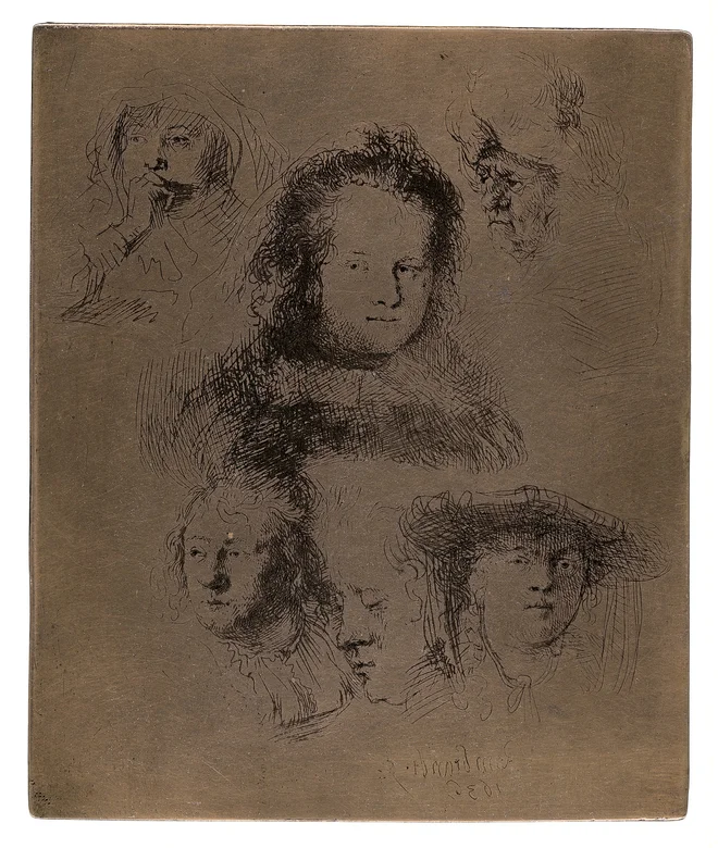 Študije obrazov Saskie in drugih modelov, bakrena jedkana plošča, 1636, Muzej Rembrandtova hiša, Amsterdam FOTO: Rembrandthuis
