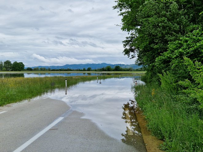 Zaradi poplavljenega cestišča je zaprta cesta Smednik–Kostanjevica pri Zameškem. FOTO: Tanja Jakše Gazvoda