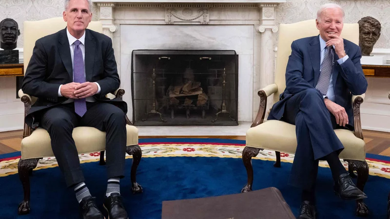 Prvi in tretji najvišji politik ZDA Joe Biden in Kevin McCarthy med prejšnjimi pogovori v Beli hiši. FOTO: Saul Loeb/Afp