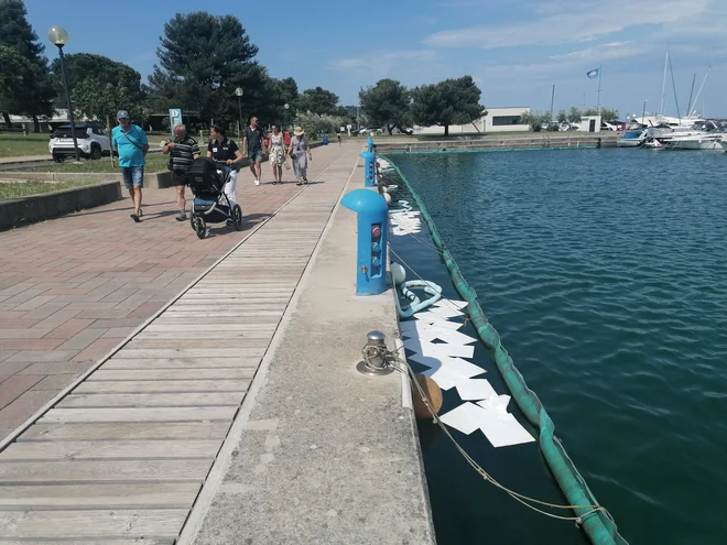 Oljni madeži, ki se nabirajo v akvatoriju izolske marine, so z baražo omejeni ob obali, odstranjujejo pa jih s pivniki. FOTO: Nataša Čepar/Delo