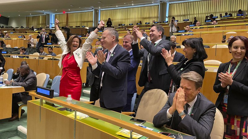 Fotografija: Veselje slovenske delegacije po izvolitvi Republike Slovenije v Varnostni svet Združenih narodov. Foto Tanja Fajon/twitter