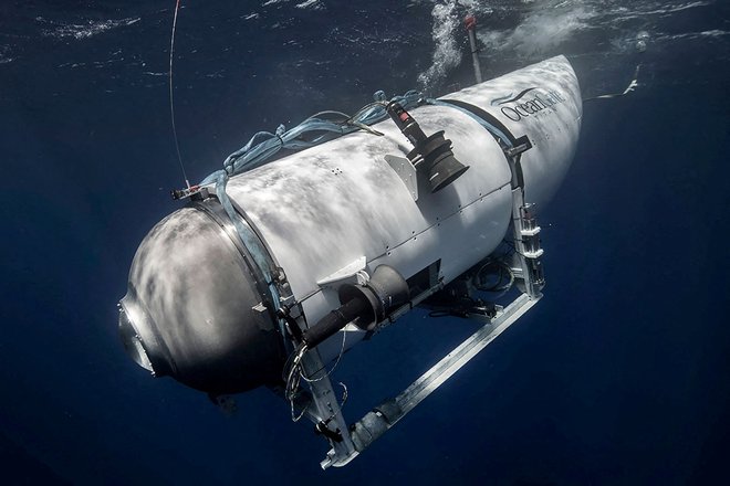 Podmornica Titan, ki jo upravlja OceanGate Expeditions za raziskovanje razbitin potopljenega Titanika ob obali Nove Fundlandije FOTO: Oceangate Expeditions via Reuters