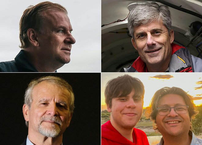 Potniki na Titanu: Hamish Harding, Stockton Rush, Paul-Henri Nargeolet in Šahzada Davud s sinom Sulemanom. FOTO: Joël Saget/AFP