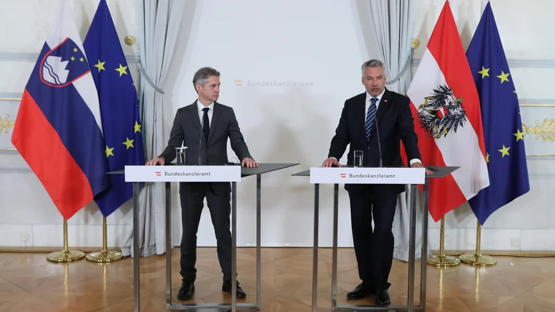 Predsednika vlade Roberta Goloba je med uradnim obiskom na Dunaju sprejel tudi avstrijski kancler Karl Nehammer. FOTO: Blaž Samec/Delo