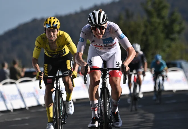 Grand Colombier leta 2020, Tadej Pogačar pred Primožem Rogličem. FOTO: Anne-Christine Poujoulat/Reuters