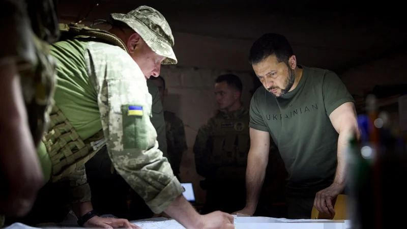 Ukrajinski predsednik Volodimir Zelenski v štabu med obiskom regije Doneck. FOTO: Ukrainian presidential press ser. via Reuters