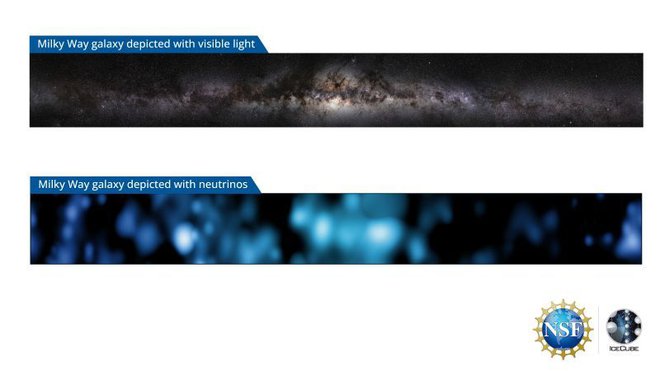 Zgornja slika je slika naše galaksije v vidni svetlobi. Spodnja slika pa je slika na osnovi nevtrinov. FOTO: IceCube Collaboration/U.S. National Science Foundation (Lily Le & Shawn Johnson)/ESO (S. Brunier)

 