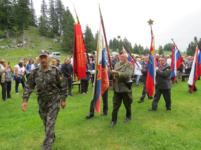 Mimohod številnih praporov po prireditvenem prostoru. FOTO: Bojan Rajšek/Delo