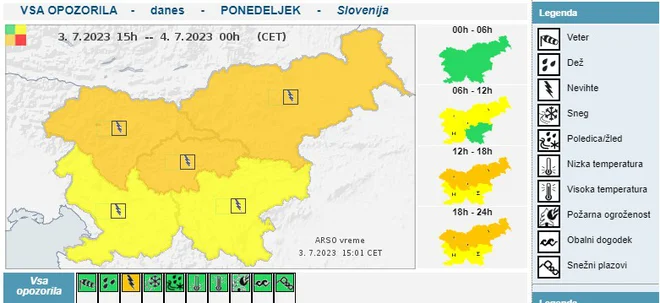 Ornžno opozorilo za 3. julij. FOTO: Arso