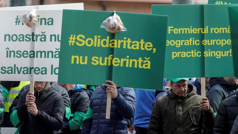 Fotografija: Romunski kmetje so aprila letos protestirali pred stavbo evropske komisije v Bruslju zaradi posledic vnosa poceni ukrajinskega žita v EU. FOTO: George Calin/Reuters