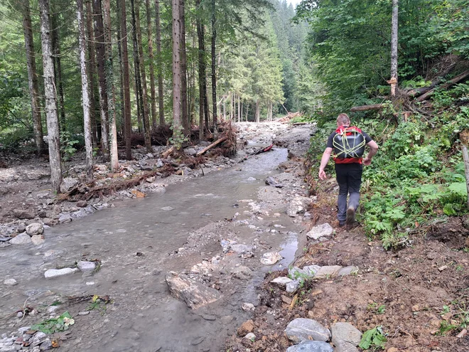 Klobaša ima še vedno dve strugi – eno običajno in eno tam, kjer je bila nekoč cesta (na fotografiji). FOTO: Špela Kuralt/Delo