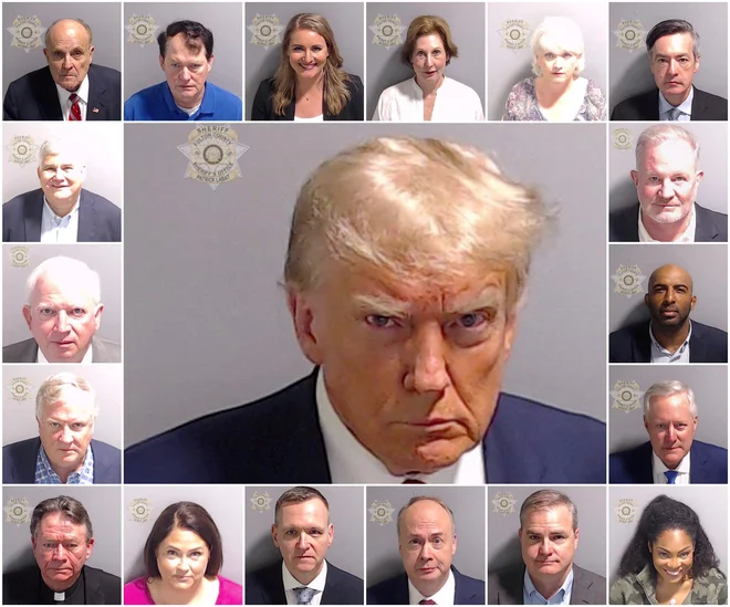 A combination picture shows police booking mugshots of former U.S. President Donald Trump and the 18 people indicted with him, including Rudy Giuliani, Ray Smith, Jenna Ellis, Sidney Powell, Cathy Latham, Kenneth Chesebro, David Shafer, John Eastman, Scott Hall, Harrison Floyd, Mark Meadows, Trevian Kutti, Shawn Still, Jeffrey Clark, Michael Roman, Misty Hampton, Stephen Cliffgard Lee and Robert Cheeley. Fulton County Sheriff's Office/Handout via REUTERS THIS IMAGE HAS BEEN SUPPLIED BY A THIRD PARTY. TPX IMAGES OF THE DAY