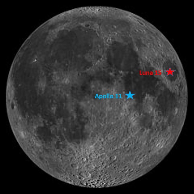 Kraj strmoglavljenja Lune 15 in kraj pristanka Apolla 11. FOTO: Nasa