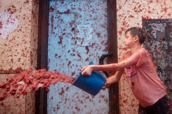 Mladenič z vedrom meče zmečkane paradižnike med vsakoletno bitko s paradižniki Tomatina v španskem mestu Bunol. Na vsakoletni ulični bitki Tomatina v Španiji se je zbralo okoli 15.000 ljudi, ki so obmetavali s 120 tonami paradižnika. Foto: Jose Miguel Fernandez/Afp
