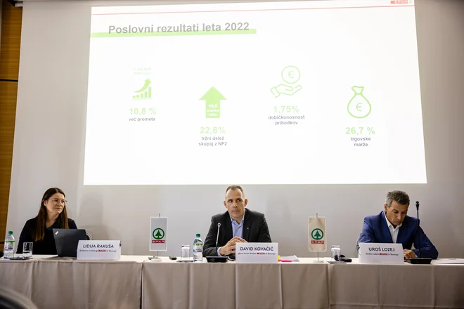 Trgovina v Sloveniji je močno konsolidirana, dobičkonosnost prihodkov je lani dosegla 1,75 odstotka, sta poudarila David Kovačič (v sredini) in Uroš Lozej (desno). FOTO: Črt Piksi/Delo