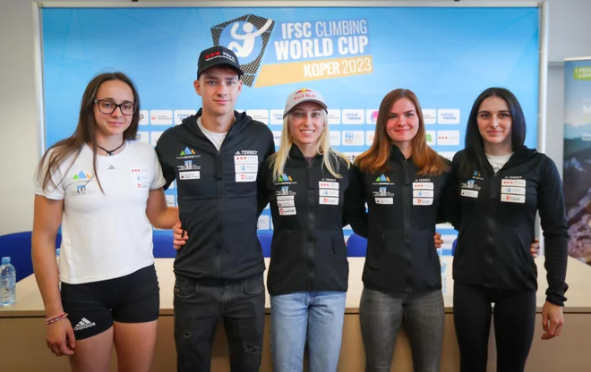 Sara Čopar, Luka Potočar, Janja Garnbret, Vita Lukan in Mia Krampl bodo glavni slovenski aduti v Kopru. FOTO: Matej Družnik