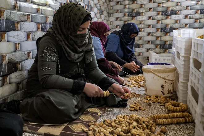 Ženske v Siriji pri pakiranju suhih fig. FOTO: Aaref Watad/AFP