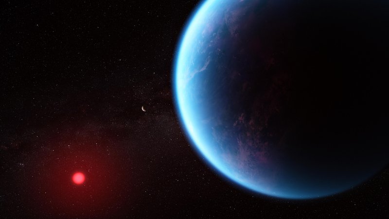 Fotografija: Ilustracija eksoplaneta K2-18b je nastala na podlagi znanstvenih podatkov, ki kažejo, da bi na površju lahko bili oceani. VIR: NASA, CSA, ESA, J. Olmsted (STScI), N. Madhusudhan (Cambridge University) 

 