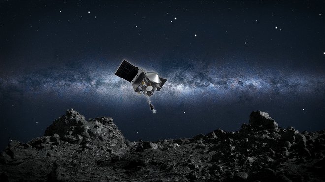 Umetniška upodobitev sonde Osiris Rex nad površjem asteroida Bennu FOTO: Nasa

 