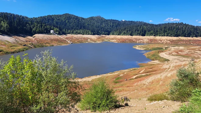 Letošnji pogled na Lokvarsko jezero je (bil) svojevrsten. FOTO: Mitja Felc