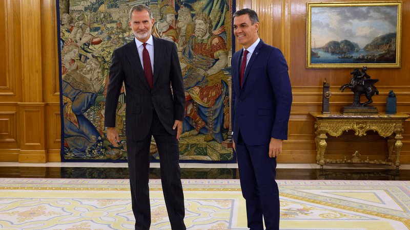 Fotografija: Španski kralj Filip VI. (levo) se je sestal s predstavniki parlamentarnih strank, tudi s Pedrom Sánchezom. FOTO: Juanjo Guillen/Afp