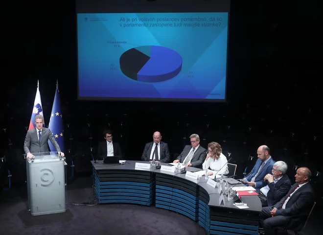 Javni posvet stroke, politike, civilne družbe in splošne javnosti o spremembah volilnega sistema, na katerem je sodeloval predsednik vlade Robert Golob. FOTO: Blaž Samec/Delo