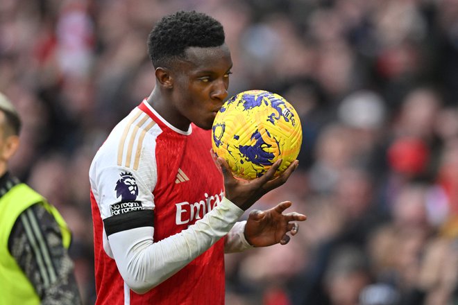 Eddie Nketiah je dosegel tri gole za Arsenal. FOTO: Glyn Kirk/AFP