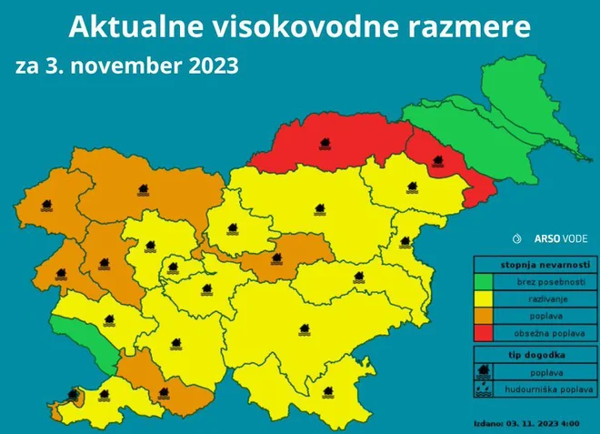 Z rdečo je označeno območje, kjer se bodo vode razlivale v večjem obsegu, z oranžno pa območja, kjer bo poplavilo.  FOTO: Arso