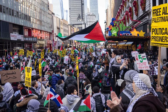 Demonstracije v podporo Palestincem med tradicionalno zahvalno Macyjevo parado v New Yorku. FOTO: Yuki Iwamura/AFP