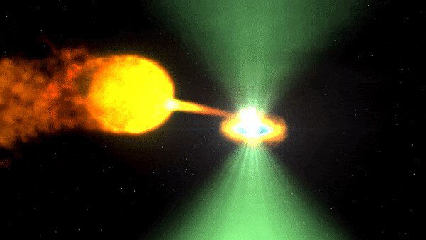 Fotografija: Ilustracija modela pulzarja J1023. Astronomi zaznajo pulze v radijskem spektru (zelena), ko visokoenergijski izbruh pulzarja ustavi prenos plina iz spremljevalne zvezde. Včasih iz tega plina nastane svetel disk okoli pulzarja, ki lahko obstaja več let. Disk močno sveti v rentgenski svetlobi, plin, ki doseže nevtronsko zvezdo, pa ustvarja curke, ki oddajajo sevanje gama (vijolična), kar zakrije pulze, dokler se disk sčasoma ne razprši. FOTO: Nasa

 