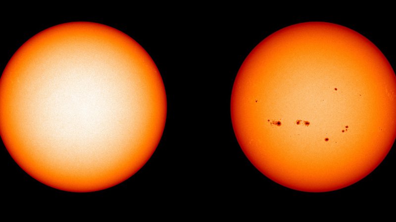 Fotografija: Sonce brez peg ob Sončevem minimumu decembra 2019 in s pegami ob prejšnjem maksimumu aprila 2014 FOTO: Nasa

 