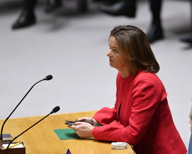A Vice-Primeira-Ministra do Governo esloveno e Ministra dos Negócios Estrangeiros e Europeus, Tanja Fajon, durante a sua aparição no Conselho de Segurança da ONU.  FOTO: Andrea Renault/Afp