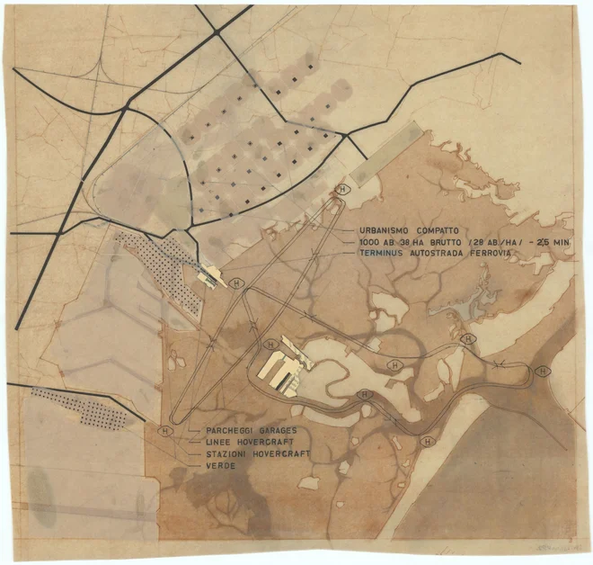 Ravnikar je najdlje v tujino segel na mednarodnem natečaju leta 1964 s projektom za Tronchetto v Benetkah in ni manjkalo veliko, da bi se večina njegovih zamisli tudi uresničila. FOTO: zbirka Muzeja za arhitekturo in oblikovanje