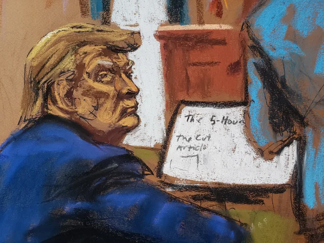 Skica z newyorškega procesa proti Trumpu. Foto Jane Rosenberg/Reuters