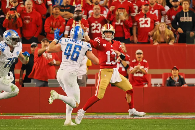 Brock Purdy (št. 13) v akciji. FOTO: Kelley L Cox/Usa Today Sports