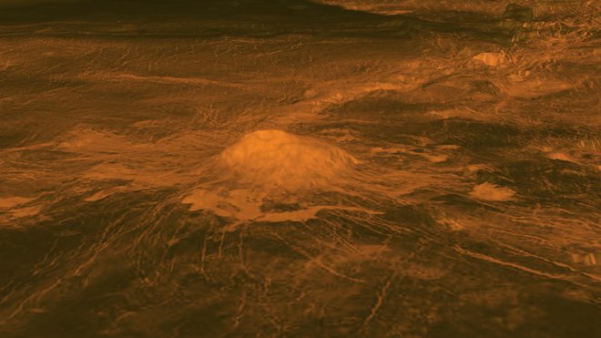 Vulkanski vrh Idunn Mons na Veneri – posnetek je nastal iz podatkov Nasinega satelita Magellan in Esinega Venus Express. FOTO: Nasa/JPL-Caltech/Esa

 