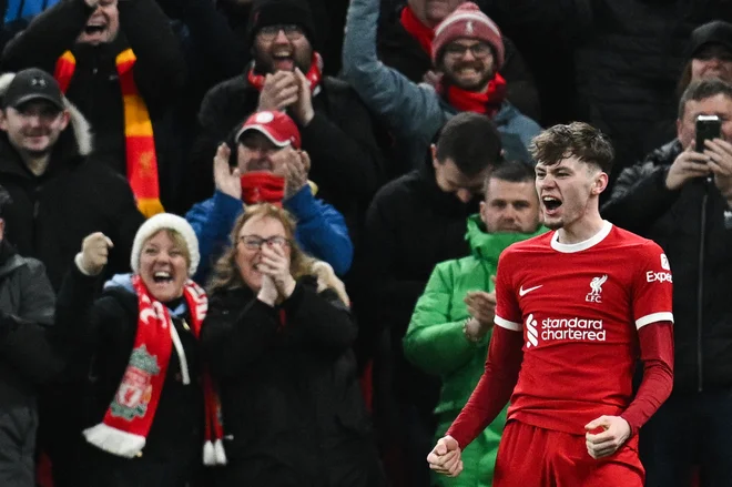 Conor Bradley je imel neverjeten debi na Anfieldu. FOTO: Paul Ellis/AFP