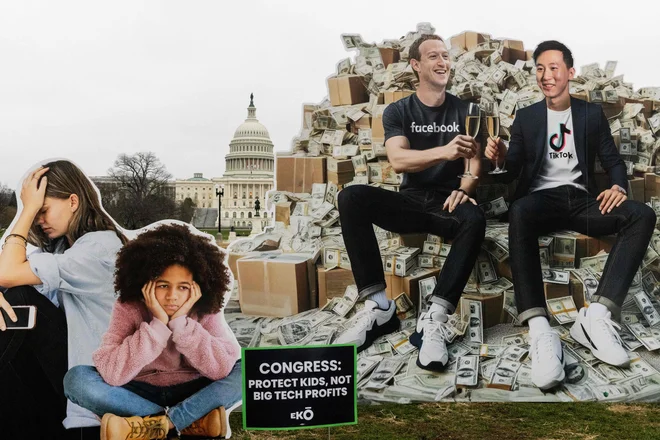 Instalacija proti Marku Zuckerbergu, izvršnem direktorju podjetja Meta, in Shoujem Zi Chewom, izvršnim direktorjem podjetja TikTok, je postavljena pred Kapitolom v Washingtonu. Odbor za pravosodje ameriškega senata ima zaslišanje z naslovom »Velika tehnologija in kriza spletnega spolnega izkoriščanja otrok«, na katerem sta pričala Zuckerberg in Chew. Foto: Julia Nikhinson/Afp