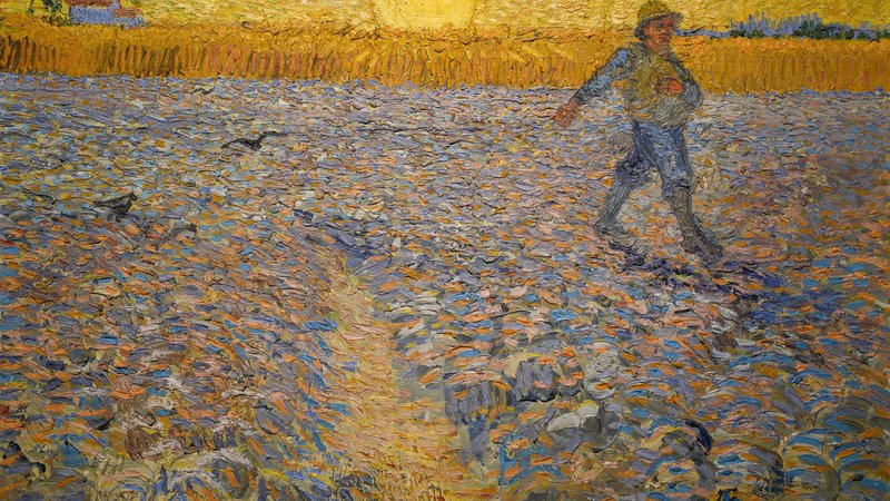 Fotografija: Motiva sejalca, ki je v umetnosti 19. stoletja pogost, se je van Gogh v Arlesu leta 1888 lotil na inovativen način, z žarečimi barvami in kontrasti ter gostim, skoraj reliefnim nanašanjem barv. Dominantno vlogo na kompoziciji, ki je v zbirki Muzeja Kröller-Müller, je namenil soncu. FOTO: Wikipedia